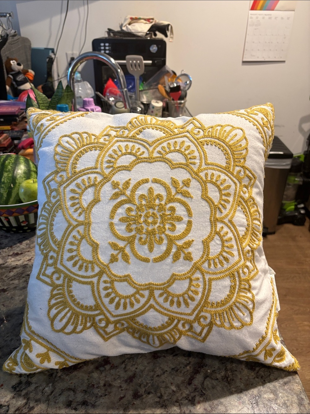 Macy's White and Gold Embroidered Medallion Accent Pillow